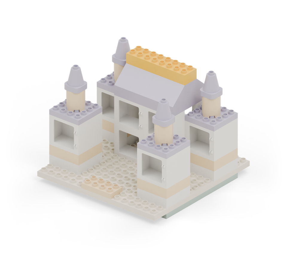 Join the roof ridge with two yellow long bricks end to end, running across the hall. New additions are shown in their original colours; earlier pieces are lighter.