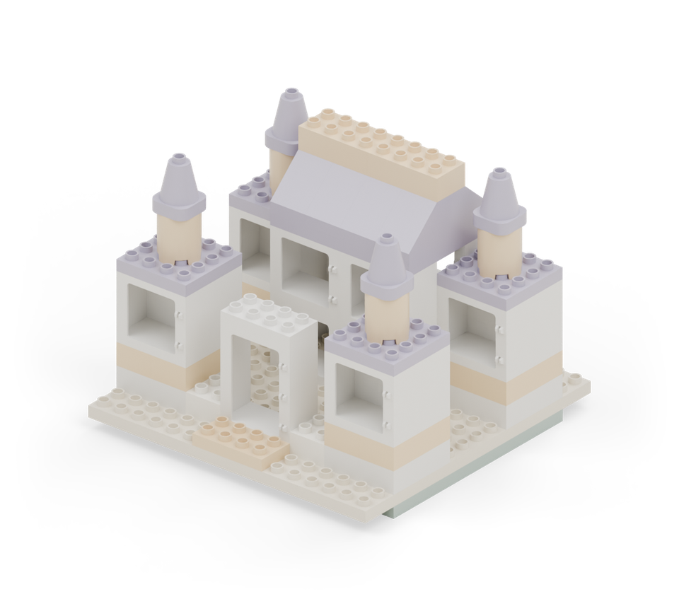 Start the entrance pillars with one white square brick immediately beside each side of the tall doorway. New additions are shown in their original colours; earlier pieces are lighter.