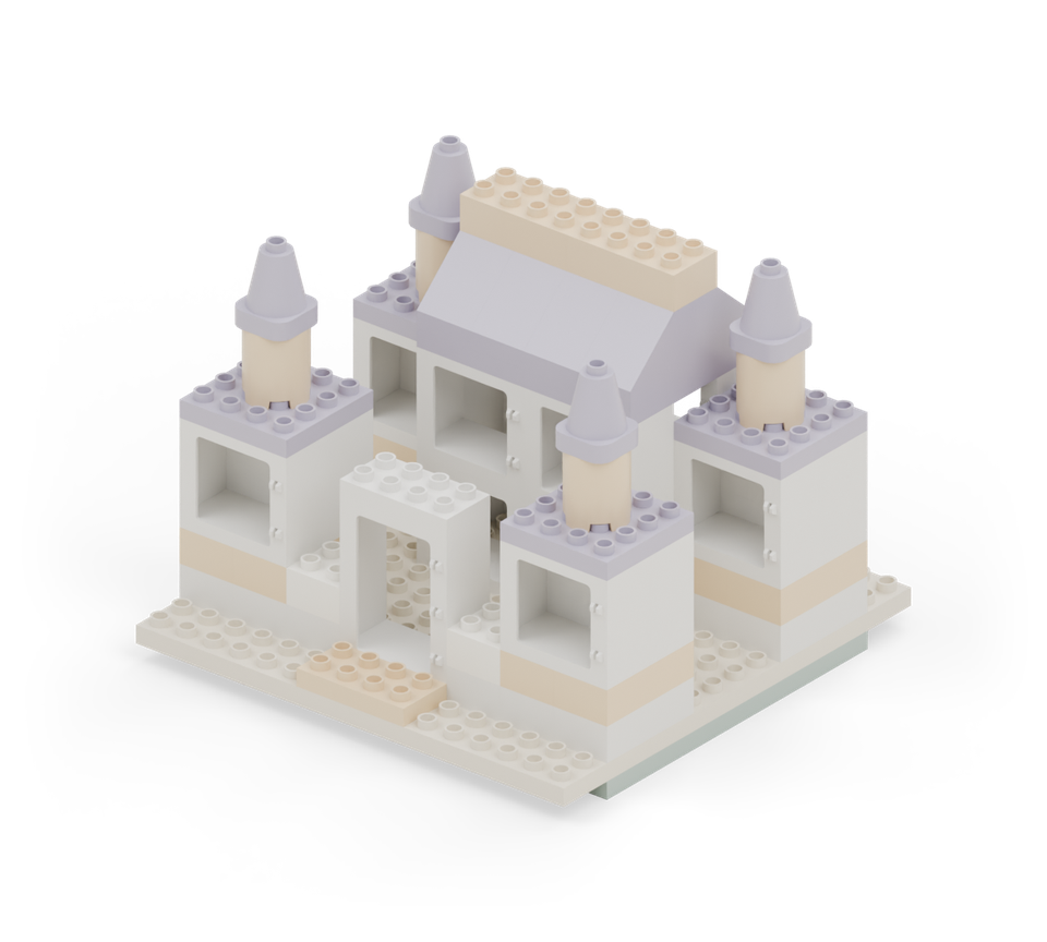 Add one white square brick to each entrance pillar, directly above the first. New additions are shown in their original colours; earlier pieces are lighter.