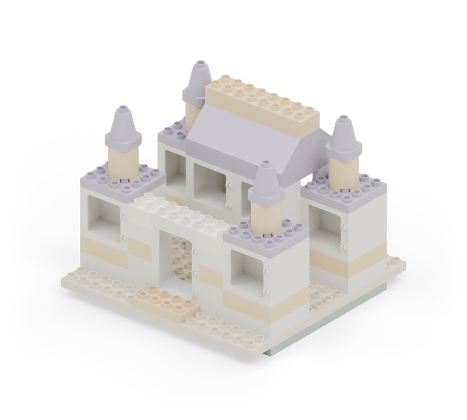 Add one more white square brick to each entrance pillar. The pillars should now be level with the top of the doorway. New additions are shown in their original colours; earlier pieces are lighter.