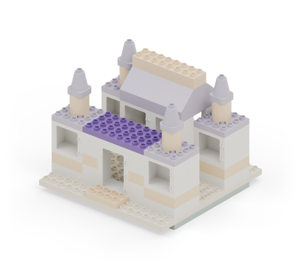 Bridge the entrance with two purple square plates between the front towers. Align their front edges with the tower roofs. New additions are shown in their original colours; earlier pieces are lighter.