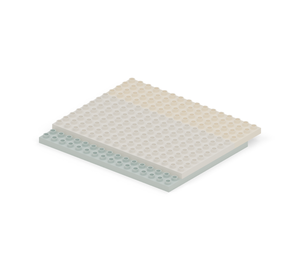 Finish the rear terrace with four cream square plates, from left to right. Their inner two rows rest on the green foundation; the outer two rows overhang at the back. New additions are shown in their original colours; earlier pieces are lighter.