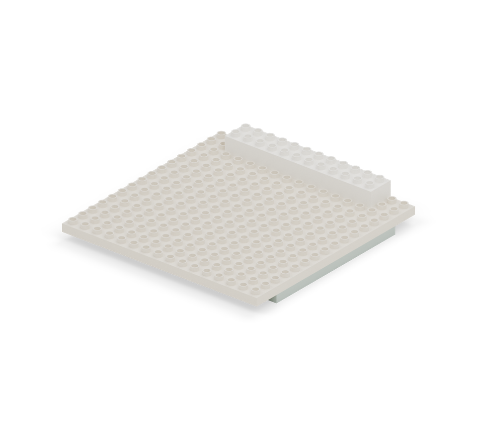 Join the terrace plates with three white long bricks along the rear outer edge, centred across the seams at columns four, eight and twelve. New additions are shown in their original colours; earlier pieces are lighter.