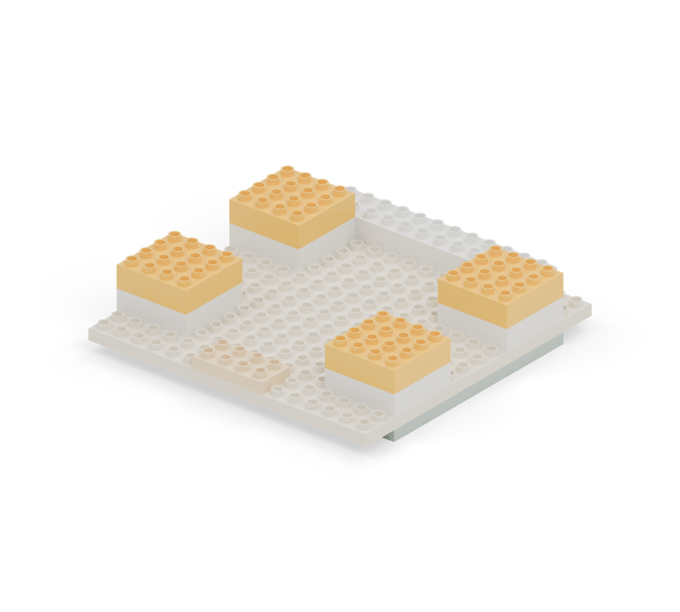 Add a yellow layer to all four corner towers. Use two long bricks side by side on each white square, keeping the edges lined up. New additions are shown in their original colours; earlier pieces are lighter.