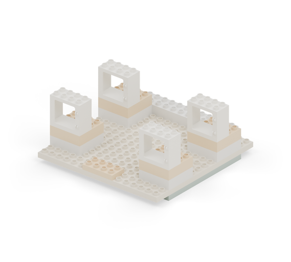 Add a white window frame across the front half of each tower. Face the small hinge details toward the front; leave the openings clear. New additions are shown in their original colours; earlier pieces are lighter.