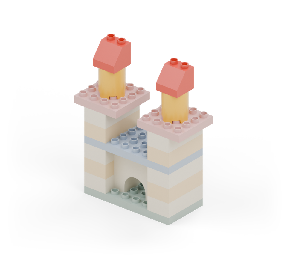 Put a yellow round brick in the centre of each roof, then cap each round brick with a red roof slope pointing forward. New additions are shown in their original colours; earlier pieces are lighter.
