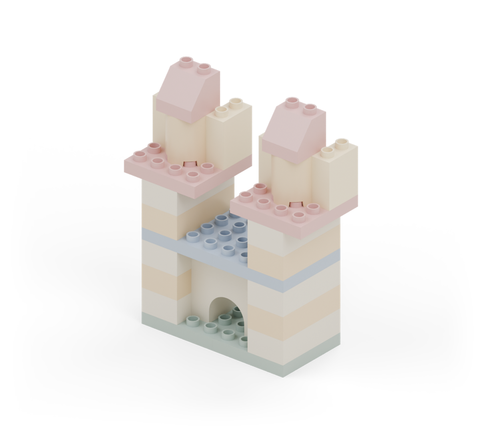 Add cream battlements to the back half of both roofs, along their outer left and right edges. New additions are shown in their original colours; earlier pieces are lighter.