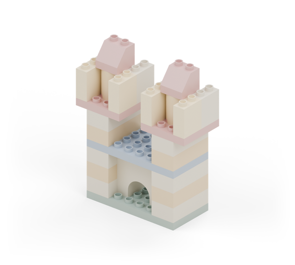 Add cream battlements to the front half of both roofs, along their outer left and right edges. New additions are shown in their original colours; earlier pieces are lighter.