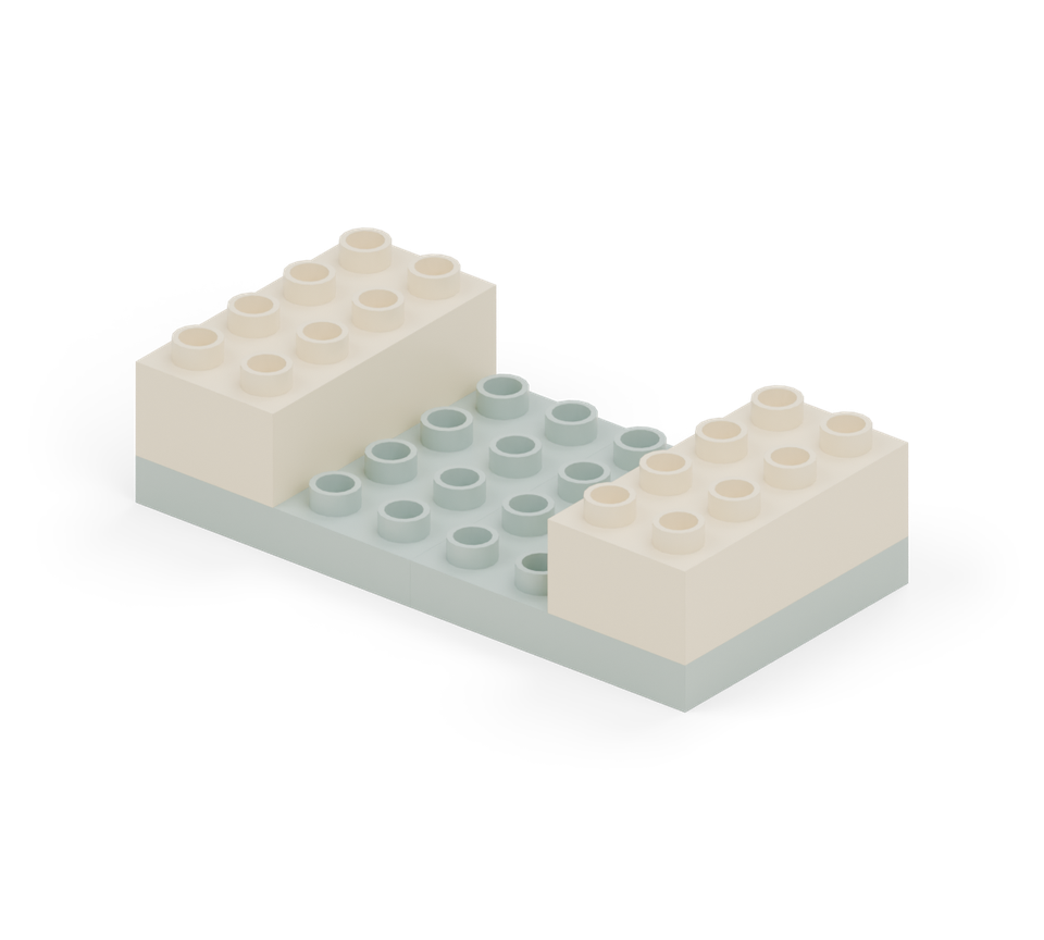 Add a cream long brick at each outside edge, running from back to front, to build the two towers. New additions are shown in their original colours; earlier pieces are lighter.
