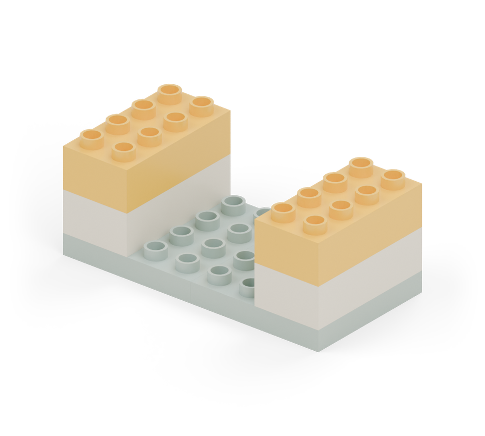 Add a yellow long brick at each outside edge, running from back to front, to build the two towers. New additions are shown in their original colours; earlier pieces are lighter.