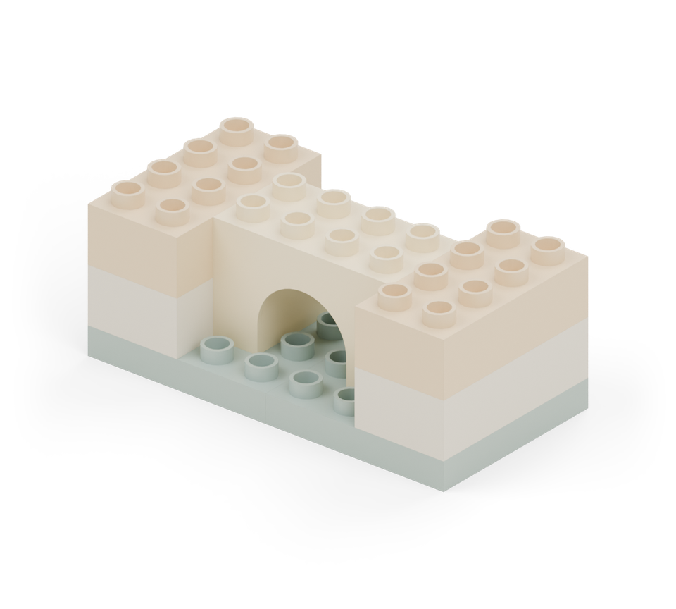 Place the cream arch between the towers, centred front to back on the green base. The opening faces forward. New additions are shown in their original colours; earlier pieces are lighter.