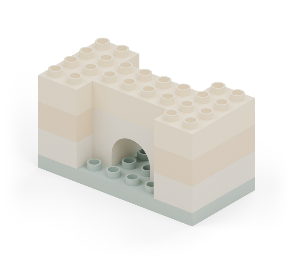 Add a cream long brick to each tower, then one across the top of the arch. All three tops should be level. New additions are shown in their original colours; earlier pieces are lighter.