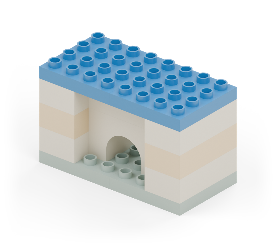 Cover both towers and the arch with two blue square plates, side by side and aligned with the green base. They join the entrance. New additions are shown in their original colours; earlier pieces are lighter.