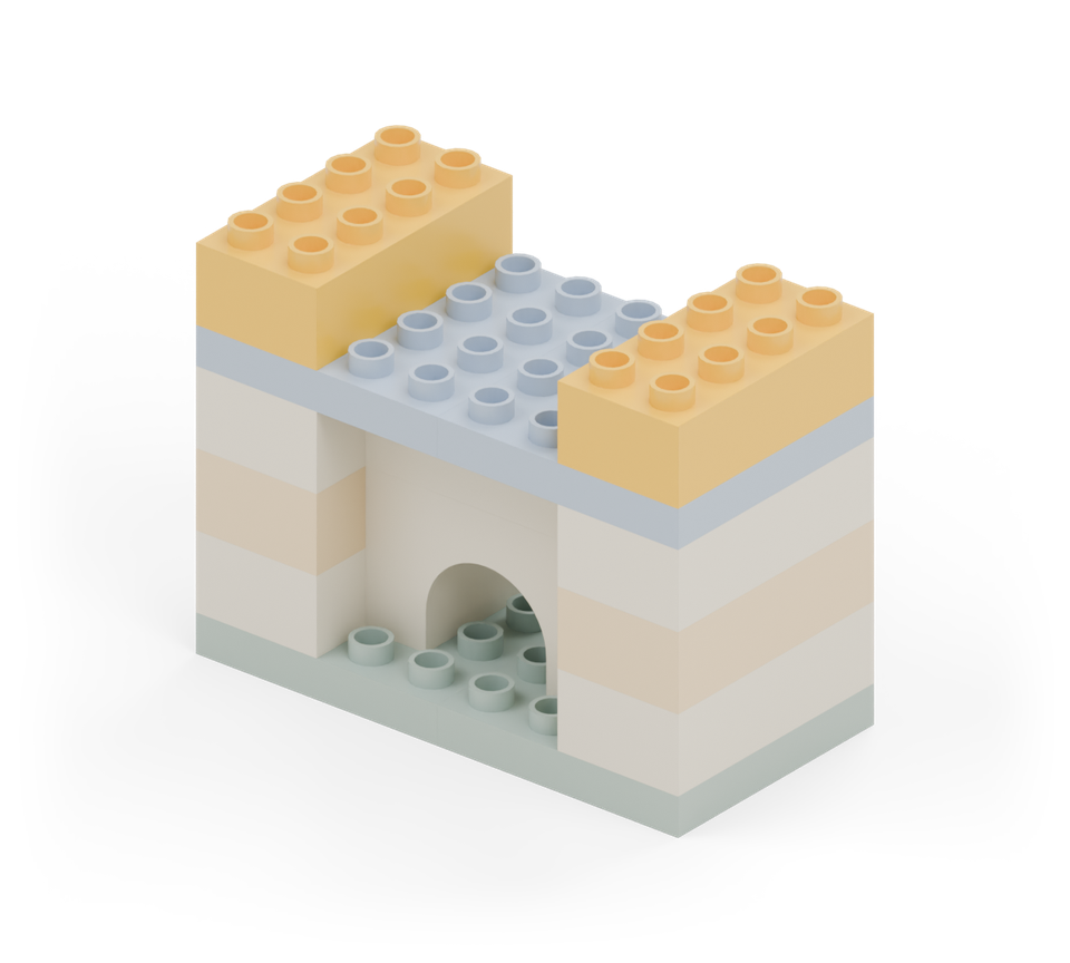 Build up each tower with a yellow long brick, centred front to back over the blue deck. New additions are shown in their original colours; earlier pieces are lighter.