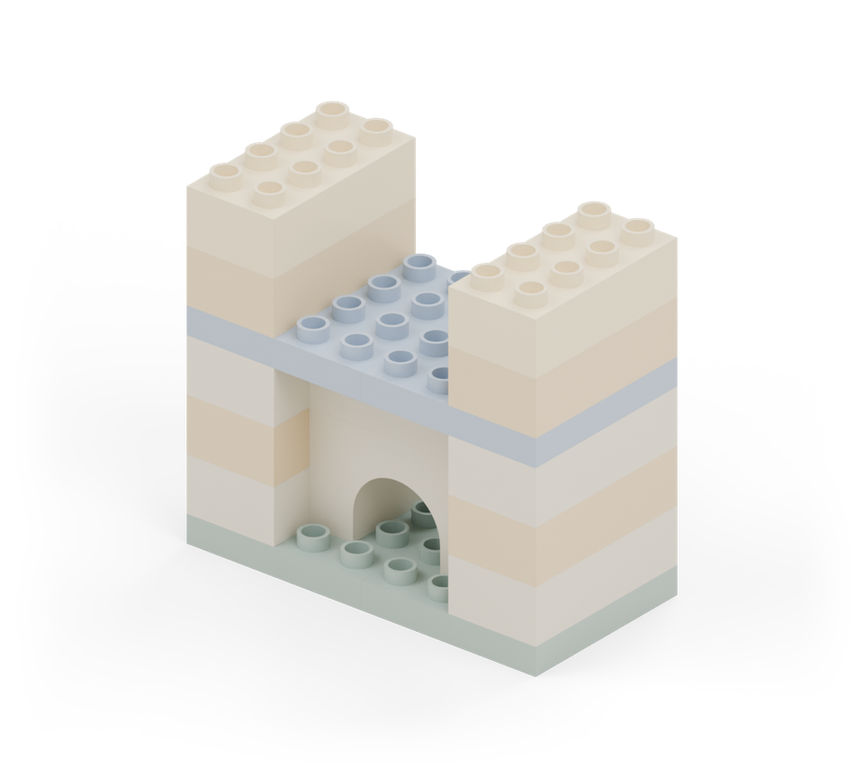 Build up each tower with a cream long brick, centred front to back over the blue deck. New additions are shown in their original colours; earlier pieces are lighter.