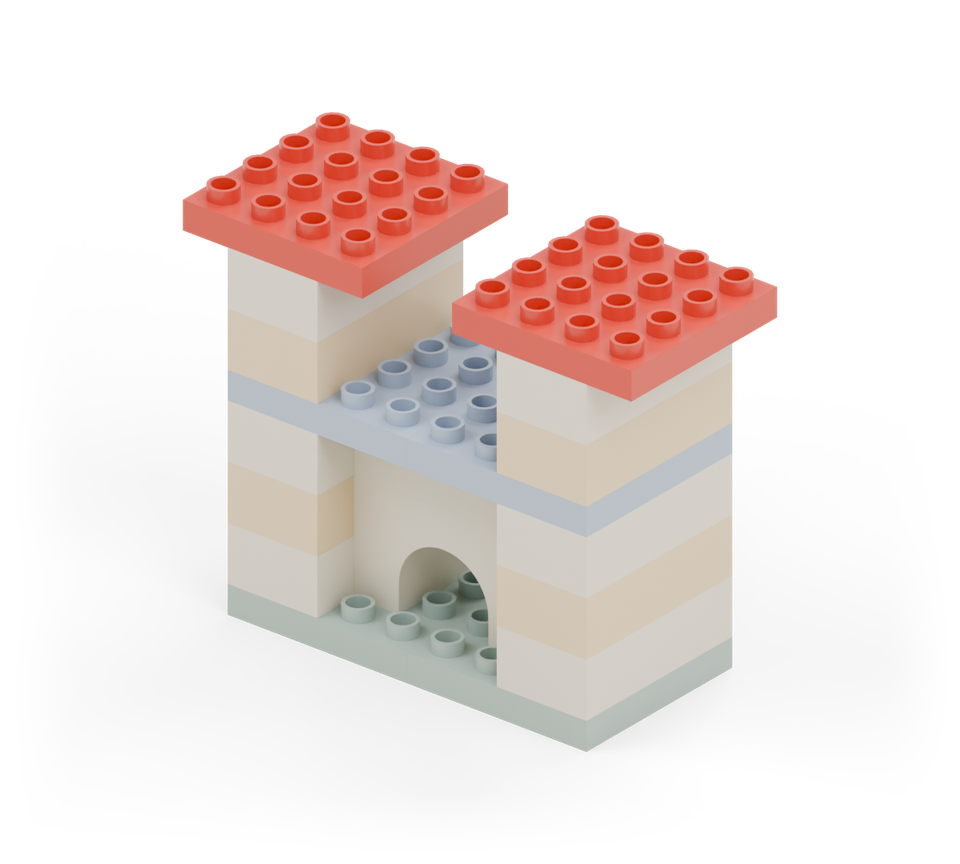 Centre a red square plate on each tower. Each roof overhangs by one stud on its left and right sides. New additions are shown in their original colours; earlier pieces are lighter.