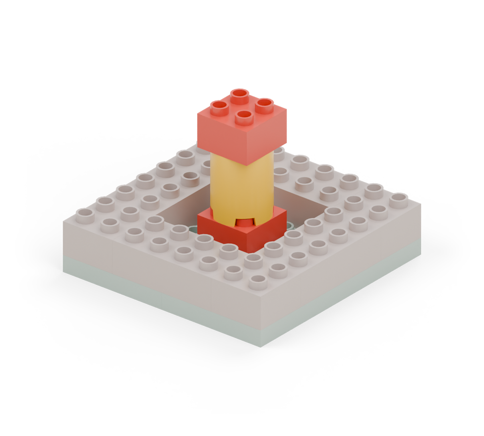 Step 4: Put a red square in the very middle of the green floor. Stack a yellow round tower and another red square on it.