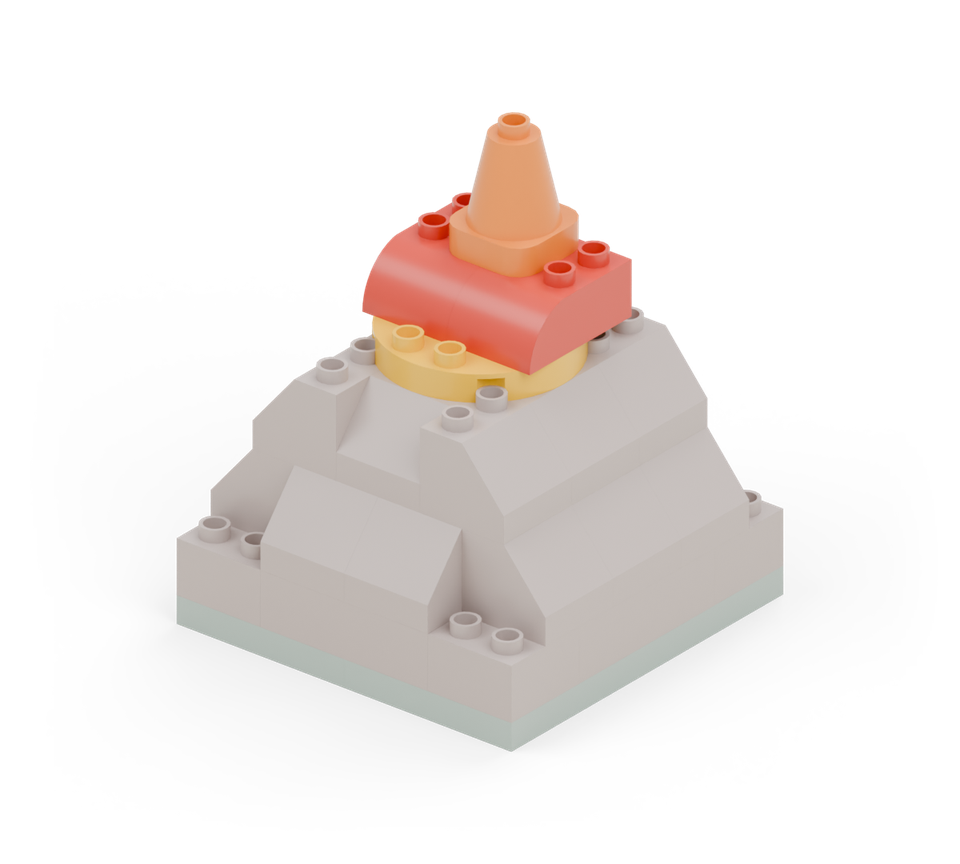 Step 9: Centre a yellow round plate on the lava column. Put two red curved bricks side by side on it, rounded ends forwards. Finish with an orange cone centred over their back two rows.