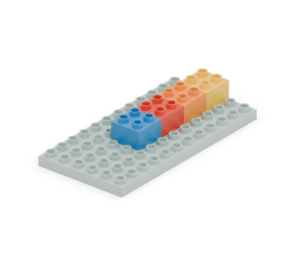Place four square bricks in a line down the centre, from front to back: yellow, orange, red, then blue. Leave two stud columns clear along each side.
