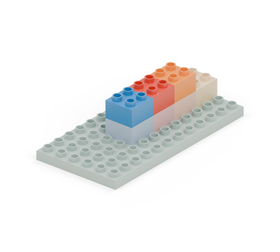 Add a matching square brick to each orange, red and blue stack.