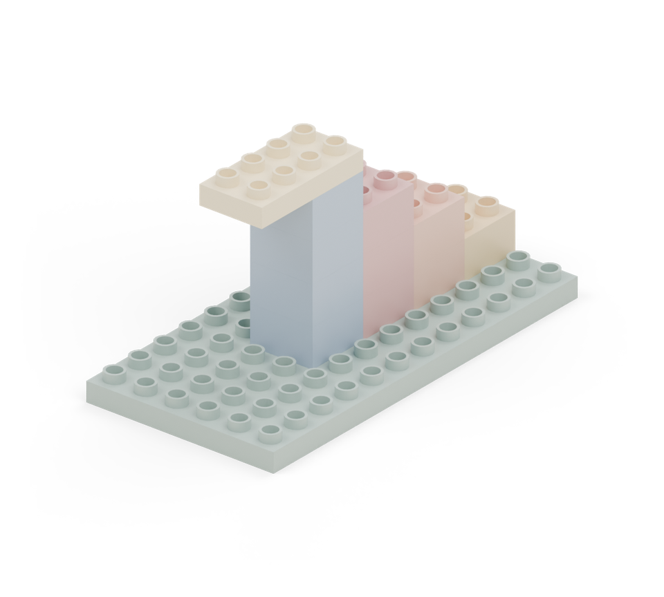 Place the cream small plate on the highest blue step. Its front edge lines up with that step; two rows project backwards. Check the landing stays attached.