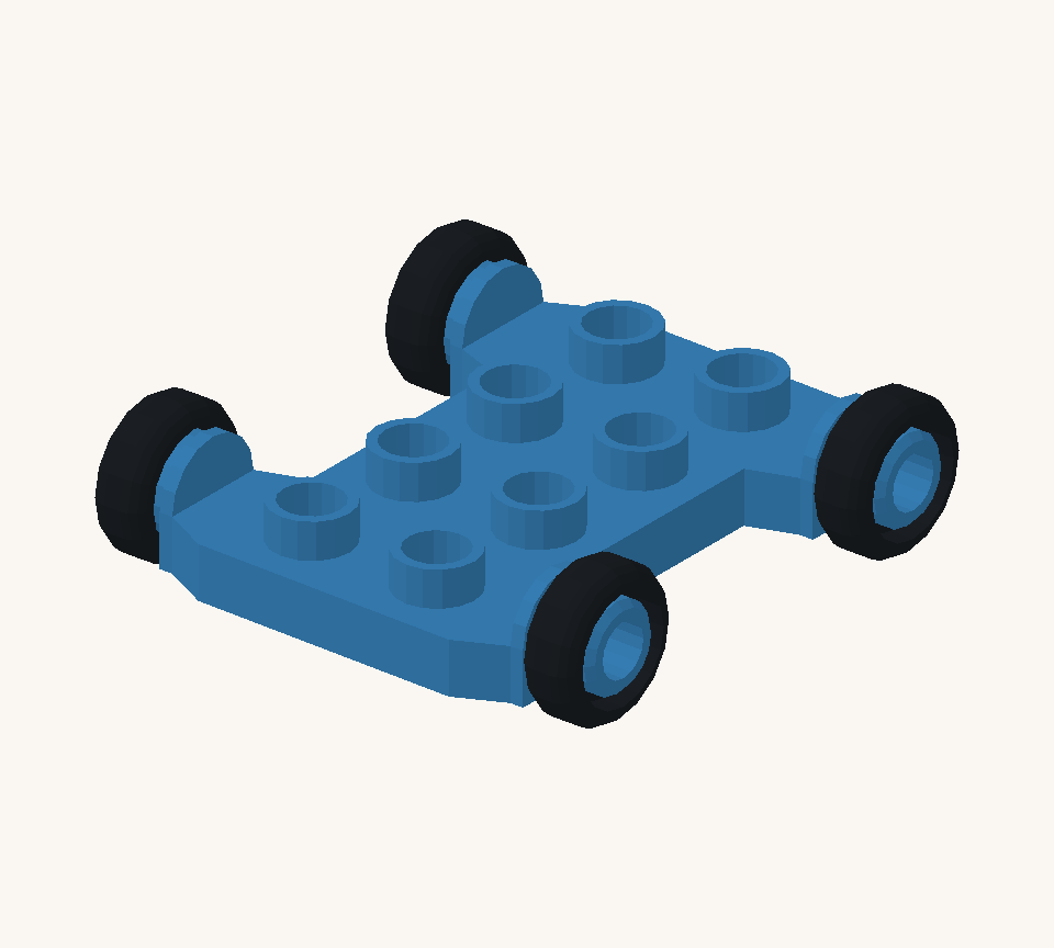 Set the blue wheeled base on the table. Its four black wheels are already attached. New additions are shown in their original colours; earlier pieces are lighter.