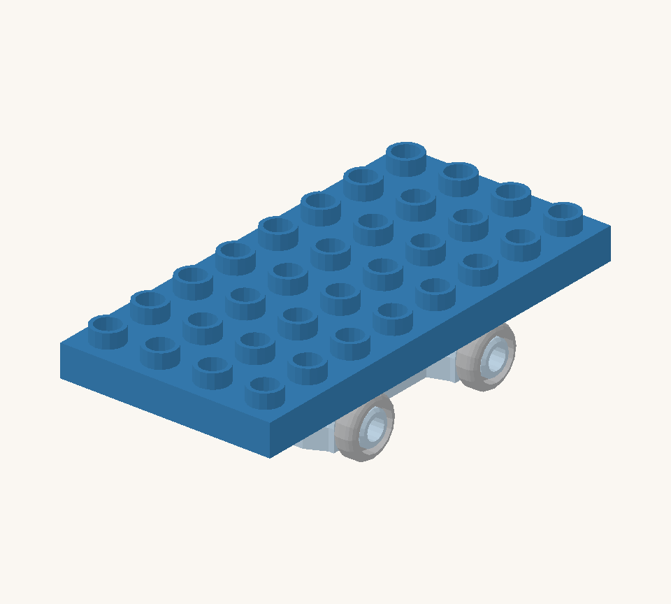 Put the blue small plate on the chassis studs, then centre the blue base plate over it. The wide floor overhangs by two rows at both ends. New additions are shown in their original colours; earlier pieces are lighter.