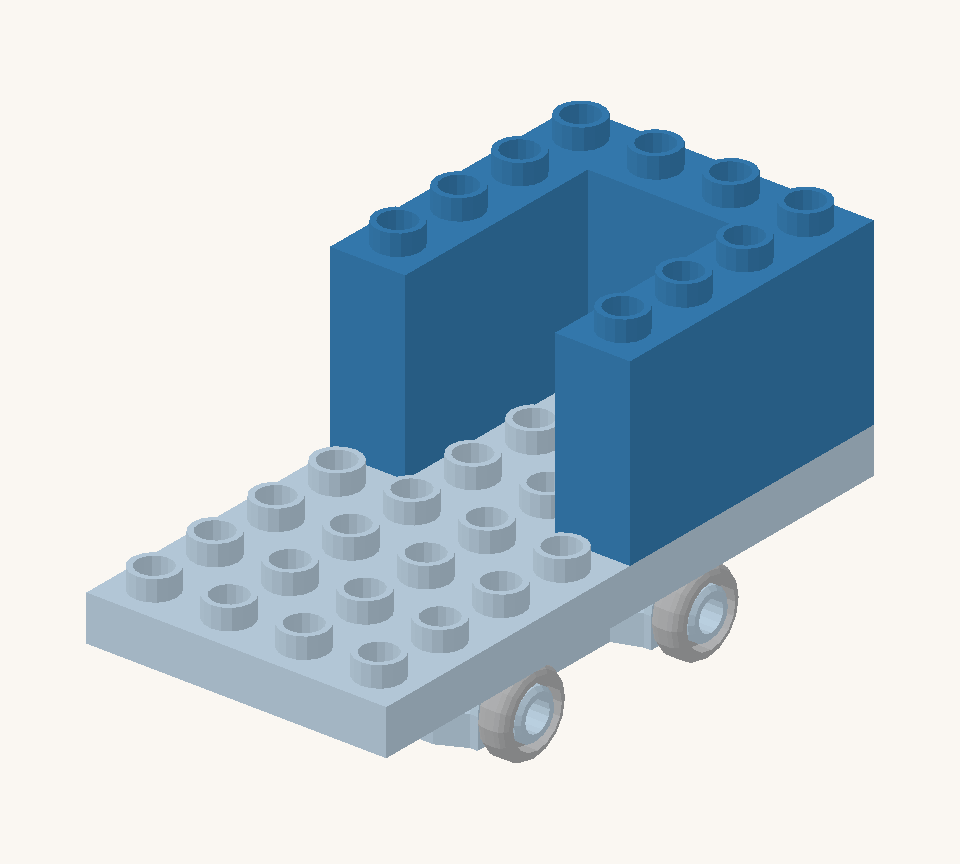Build the open loading bed at the rear. Add two blue wall bricks along each side, then turn one blue wall brick across the middle of the back edge for the tailgate. New additions are shown in their original colours; earlier pieces are lighter.
