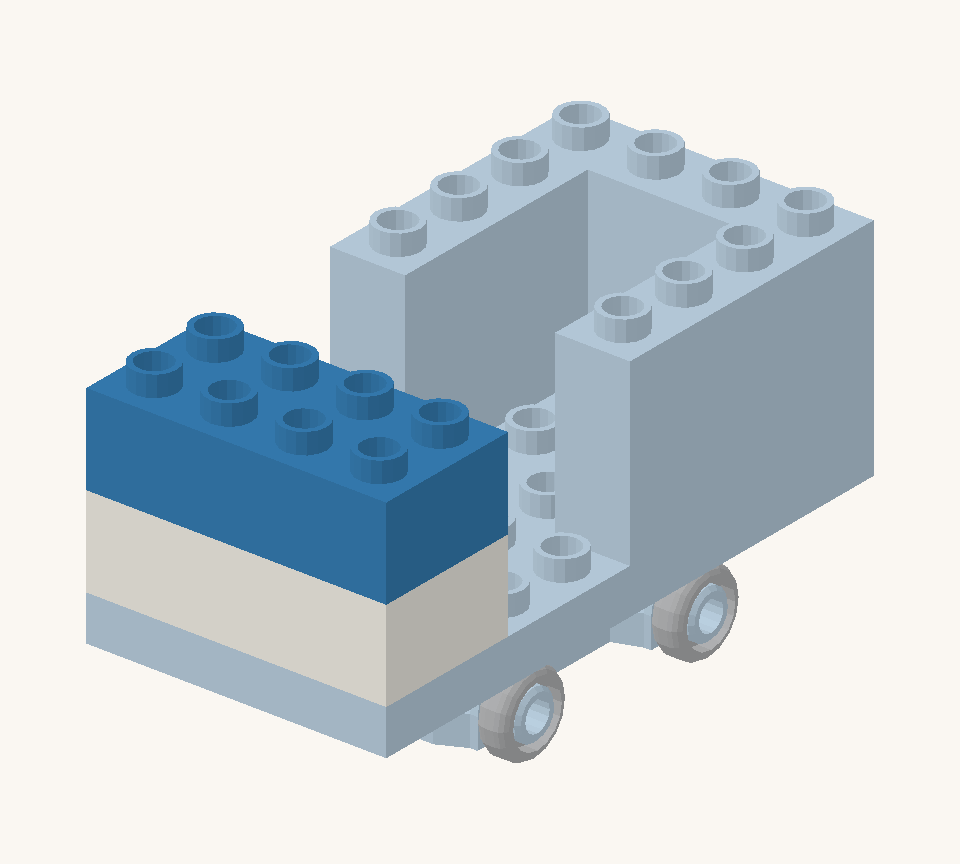 Make the cab at the front with a white long brick across the floor, then a blue long brick directly above it for the windscreen. New additions are shown in their original colours; earlier pieces are lighter.