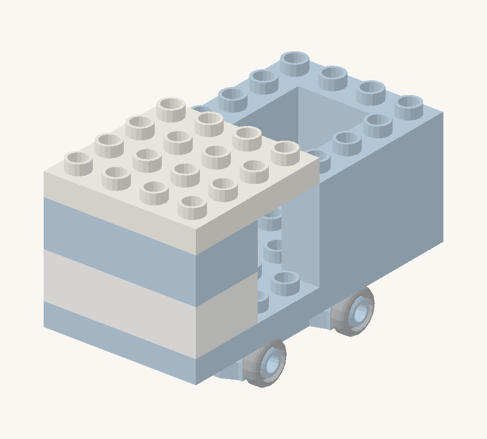 Put the white square plate above the cab. Its front edge lines up with the front of the truck and its back half projects toward the loading bed. New additions are shown in their original colours; earlier pieces are lighter.