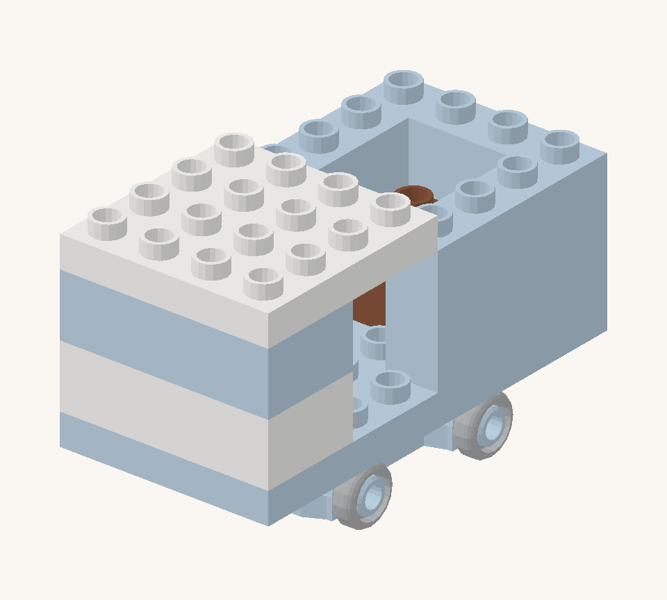 Place the brown square in the open loading bed as a parcel. Put it just in front of the tailgate, centred between the side walls. New additions are shown in their original colours; earlier pieces are lighter.