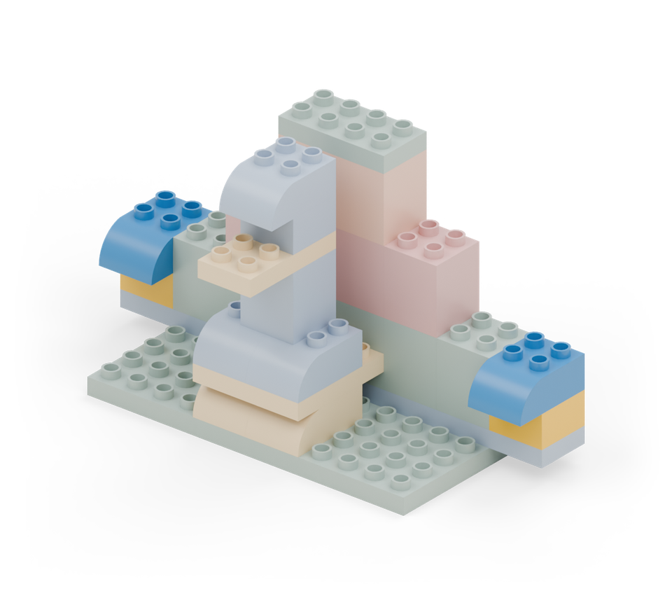Step 12: Finish the outside pair of feathers with yellow squares and blue curved bricks. Point the rounded blue ends towards you.