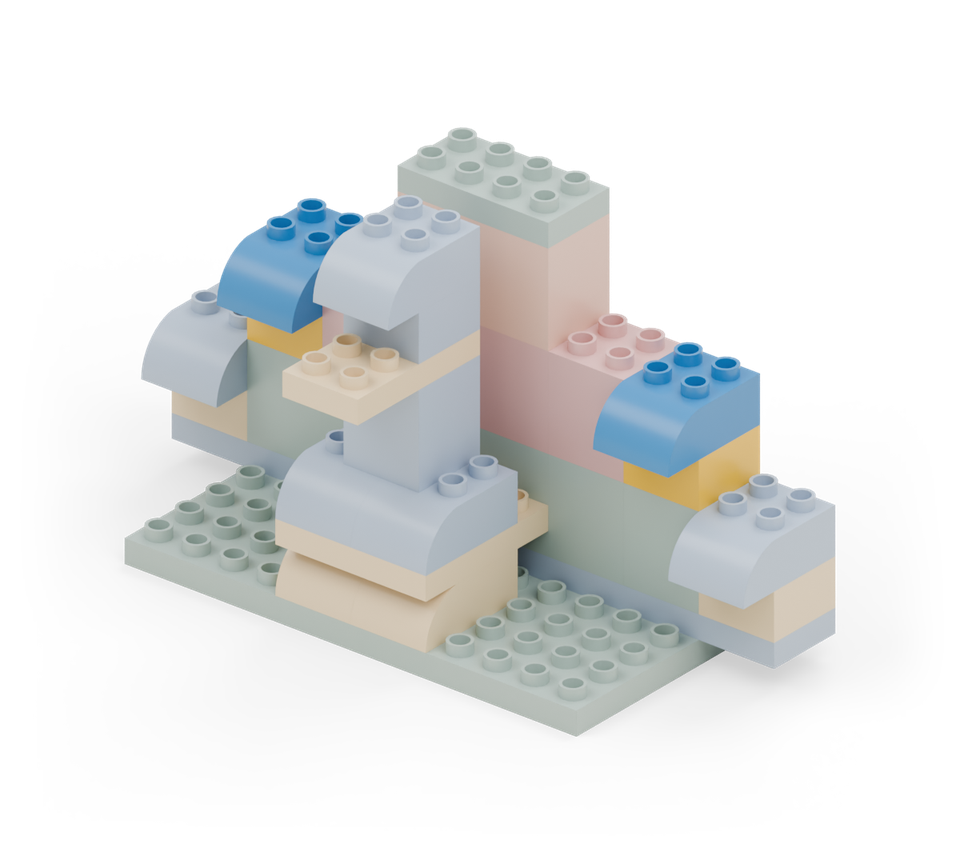 Step 13: Finish the next pair of feathers with yellow squares and blue curved bricks. Point the rounded blue ends towards you.