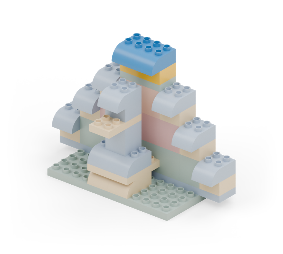 Step 15: Finish the highest pair of feathers with yellow squares and blue curved bricks. Point the rounded blue ends towards you.