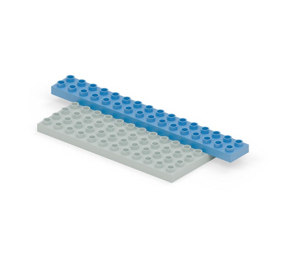 Step 2: Put two blue 2 × 8 plates end to end across the back two rows. Each end projects two columns beyond the base.