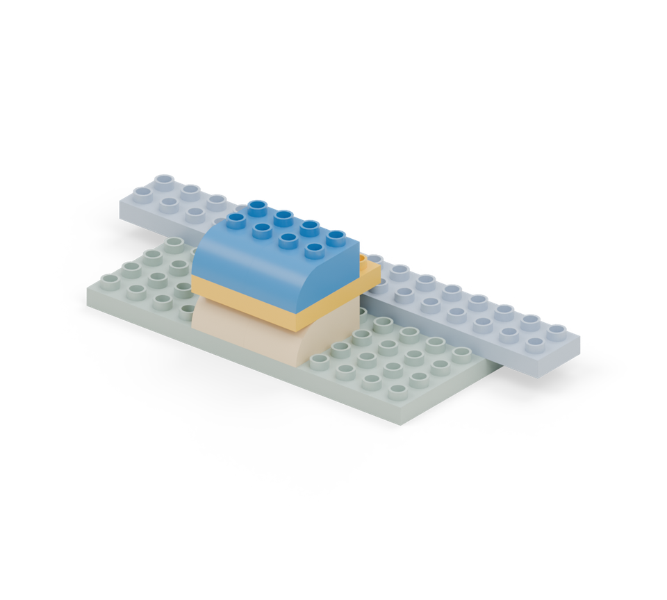 Step 4: Join the feet with a yellow 4 × 4 plate. It reaches back to the row in front of the fan. Add two blue curved bricks on top, rounded ends forwards.