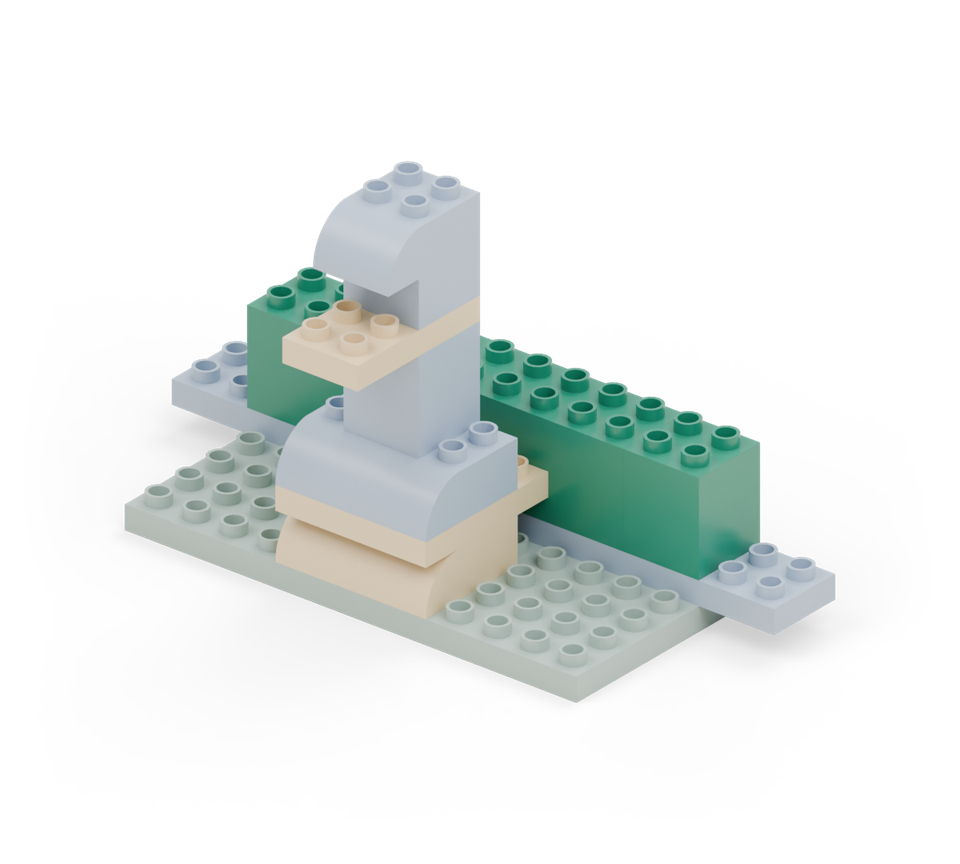 Step 8: Build six green double-height square bricks across the middle of the tail, leaving two columns at each end clear.