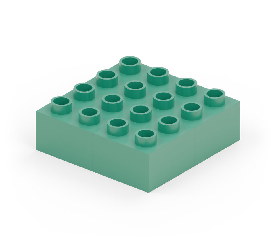 Arrange four green square bricks into a four-by-four-stud square on the table. New additions are shown in their original colours; earlier pieces are lighter.