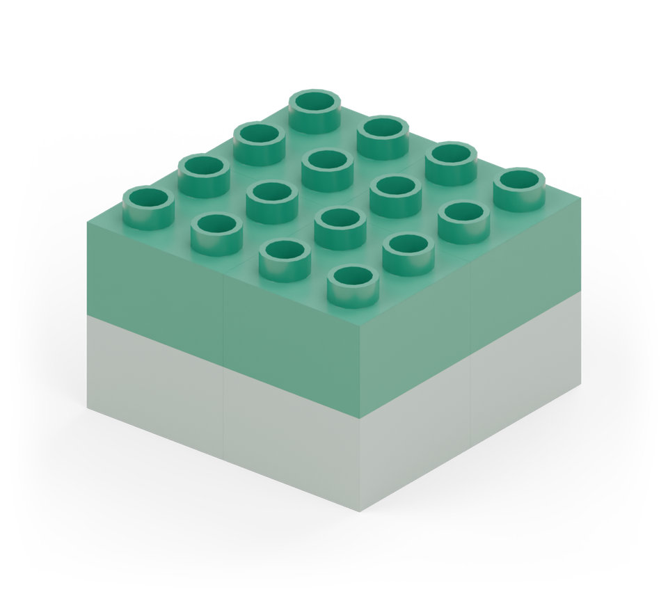 Add one green square brick directly above each of the four base bricks. New additions are shown in their original colours; earlier pieces are lighter.