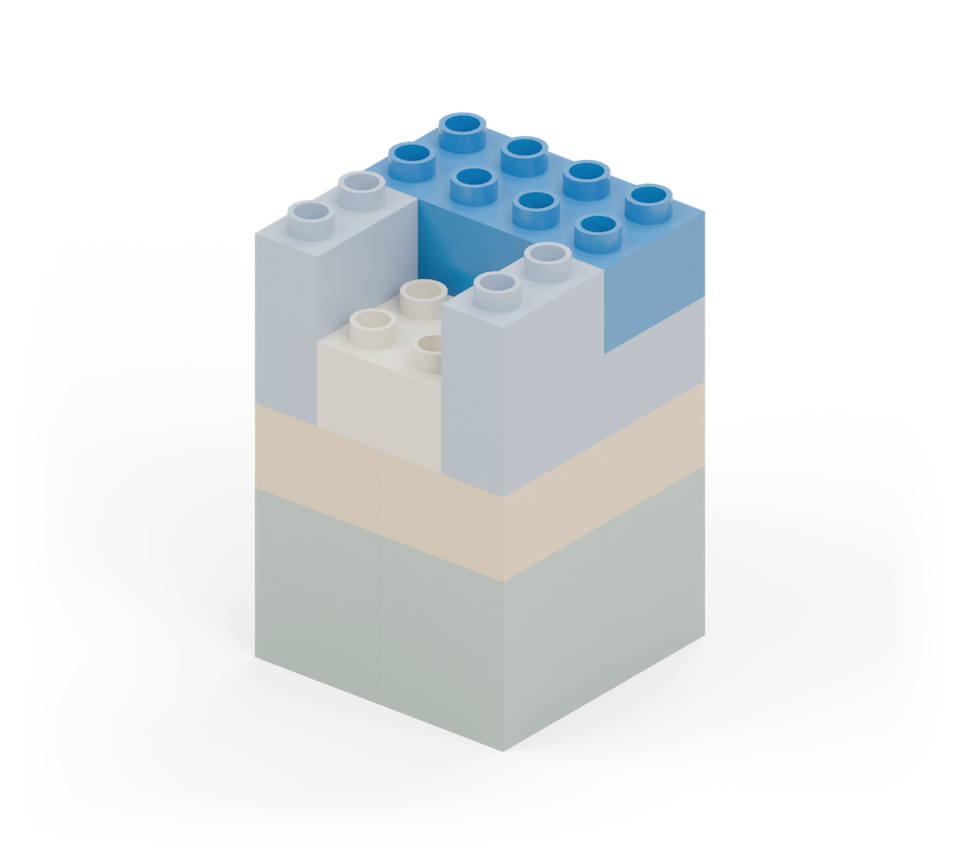 Add a second blue long brick directly above the backrest. Press the back and both arms into place. New additions are shown in their original colours; earlier pieces are lighter.