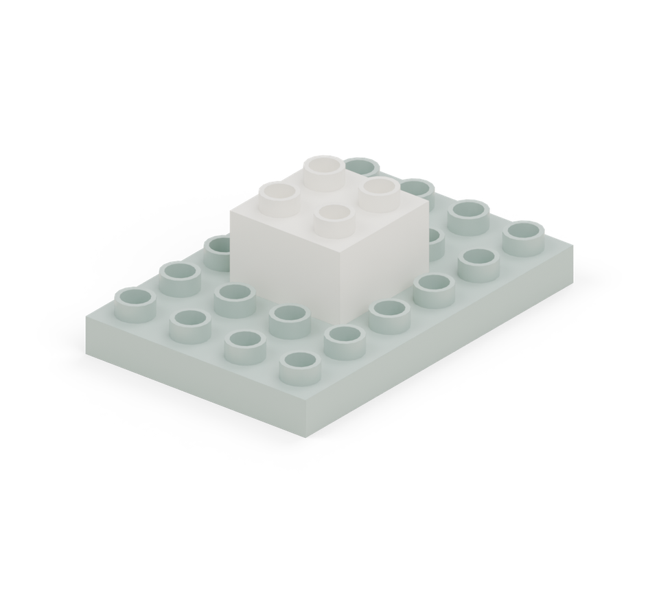 Centre a white square brick on the launch pad. Leave one stud column on each side and two rows at each end. New additions are shown in their original colours; earlier pieces are lighter.