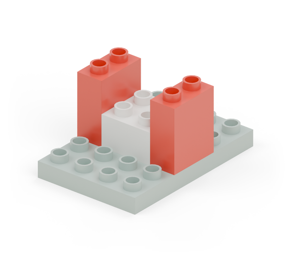 Add a red wall brick along each side of the white brick for two tall fins. New additions are shown in their original colours; earlier pieces are lighter.