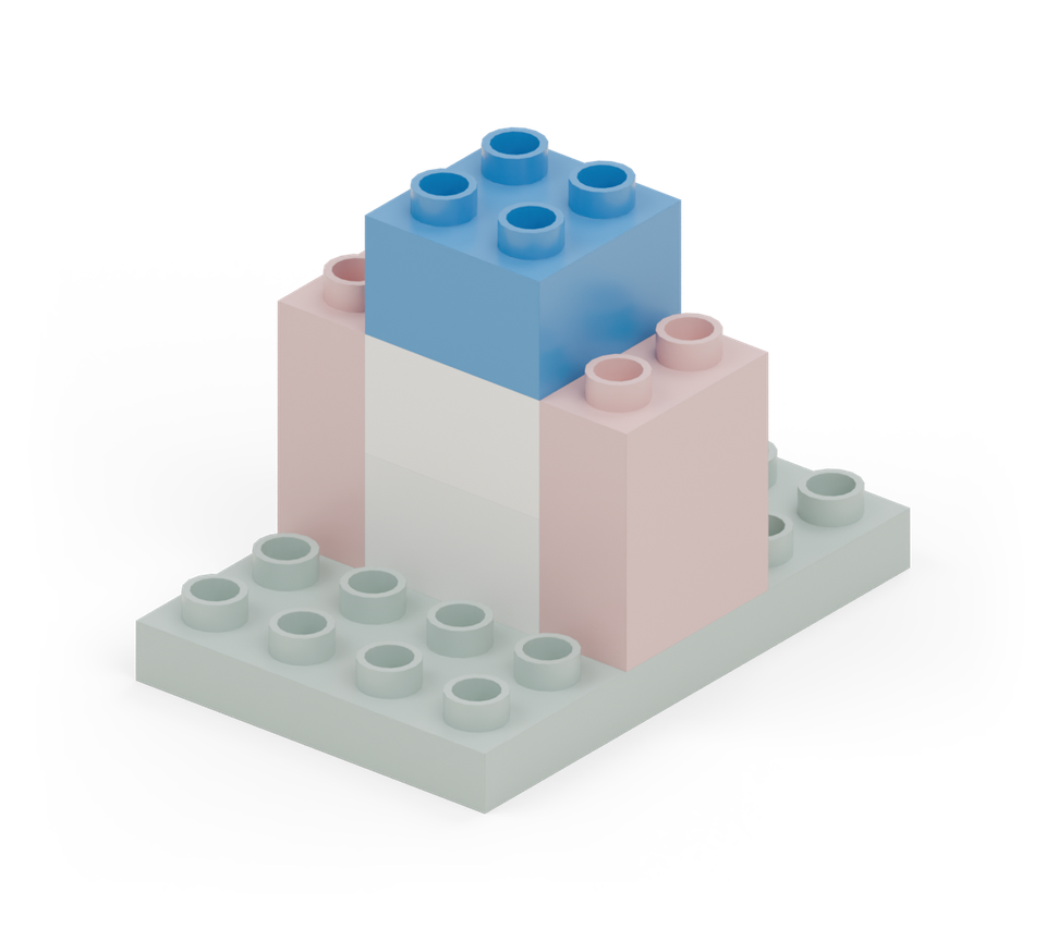 Stack another white square on the centre, then a blue square for a window band. New additions are shown in their original colours; earlier pieces are lighter.