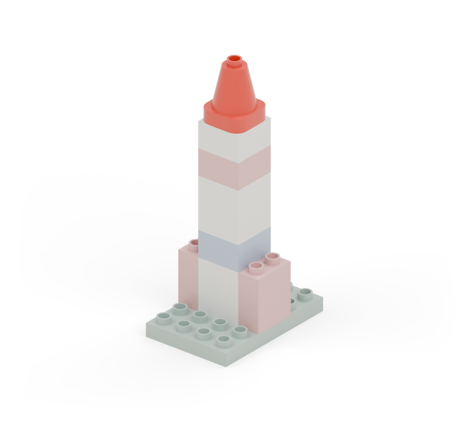 Finish with the red cone as the pointed nose. Leave its small top stud free. New additions are shown in their original colours; earlier pieces are lighter.