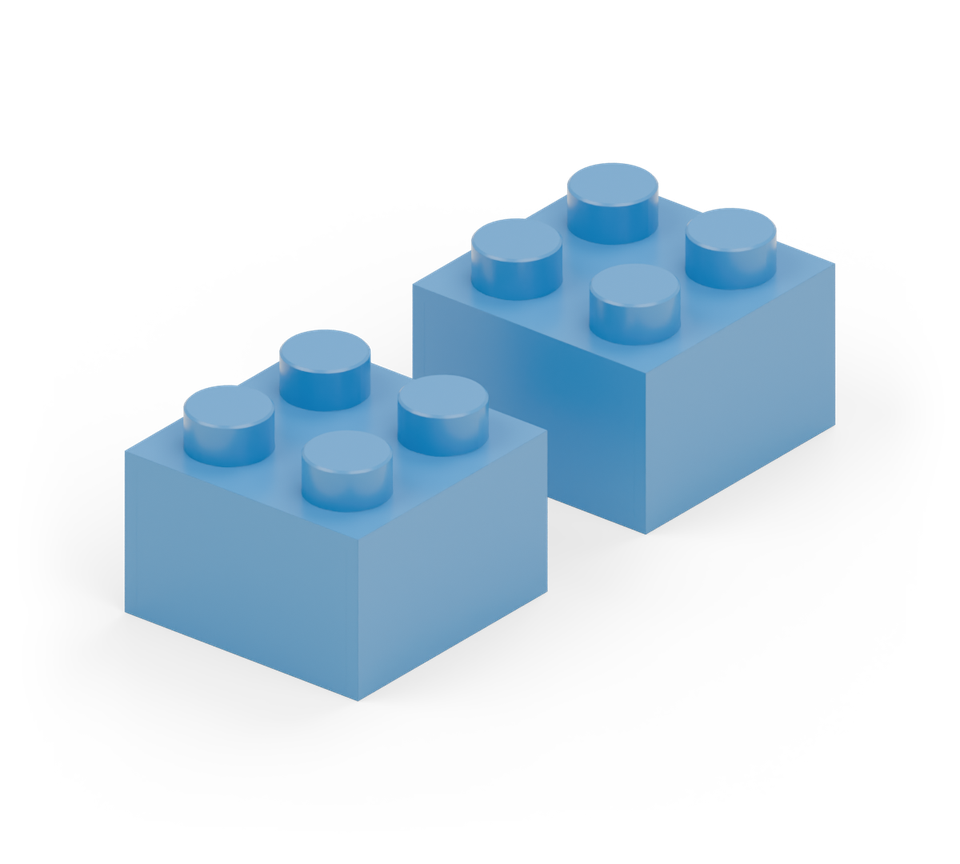Set two blue square bricks on the table, with one row of studs of space between them. New additions are shown in their original colours; earlier pieces are lighter.