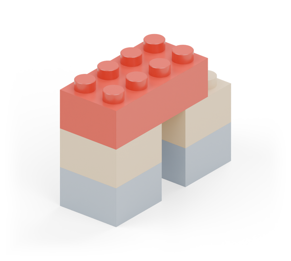 Join the two pillars with the red long brick. Leave one row of the left pillar showing. New additions are shown in their original colours; earlier pieces are lighter.