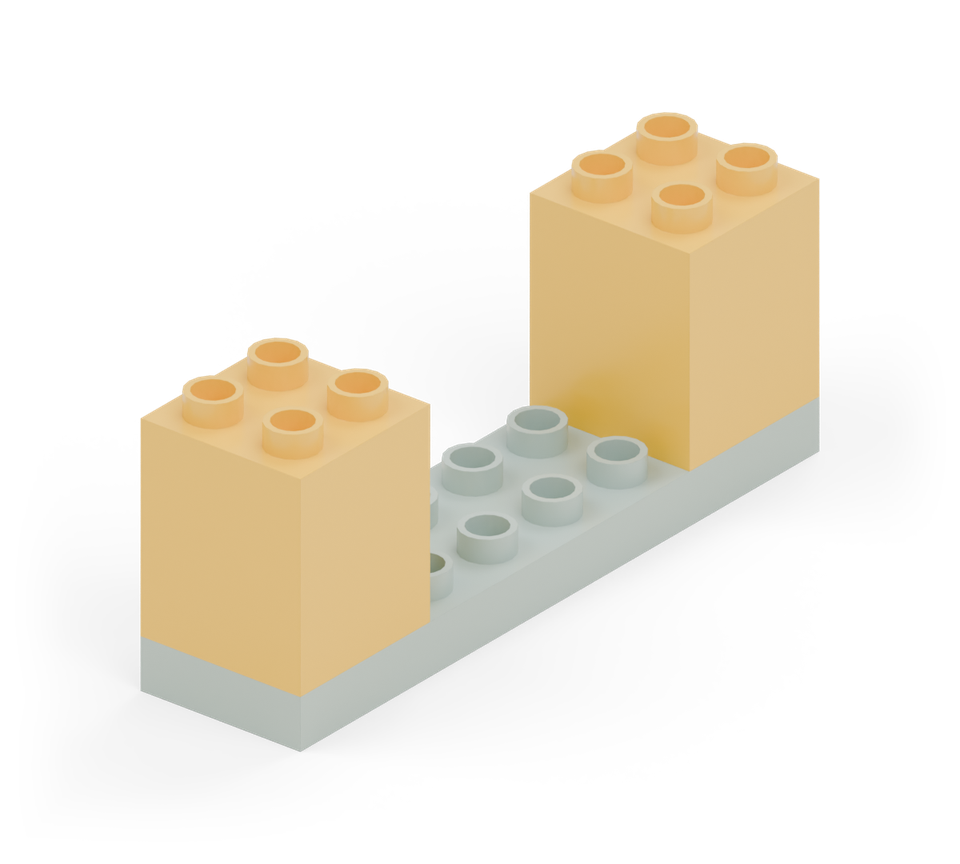 Add a tall yellow square brick at each end. Leave the four middle stud rows clear for the gateway. New additions are shown in their original colours; earlier pieces are lighter.