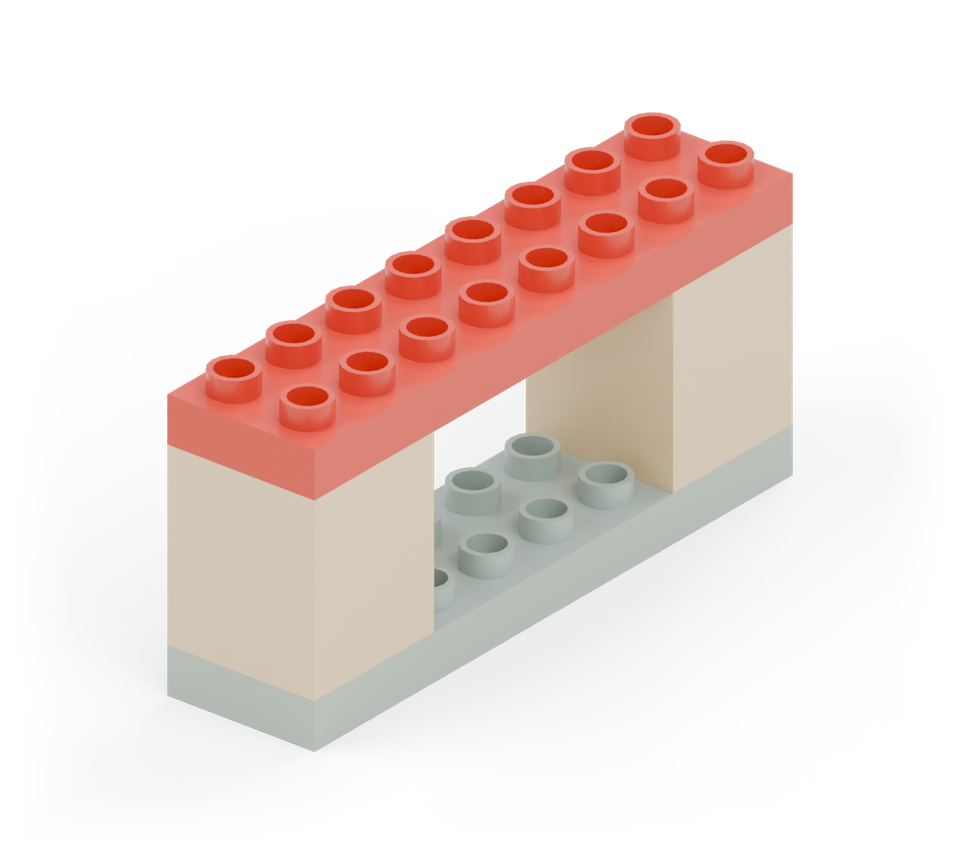 Lay the red long plate across both pillars, directly above the green plate. New additions are shown in their original colours; earlier pieces are lighter.