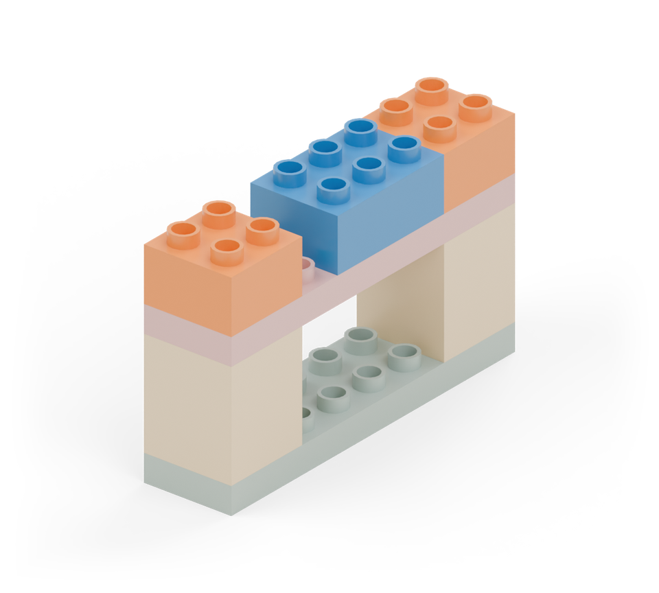 Add orange square bricks above the pillars. Put the blue medium brick between them, against the left orange brick, leaving one stud row showing beside the right orange brick. New additions are shown in their original colours; earlier pieces are lighter.