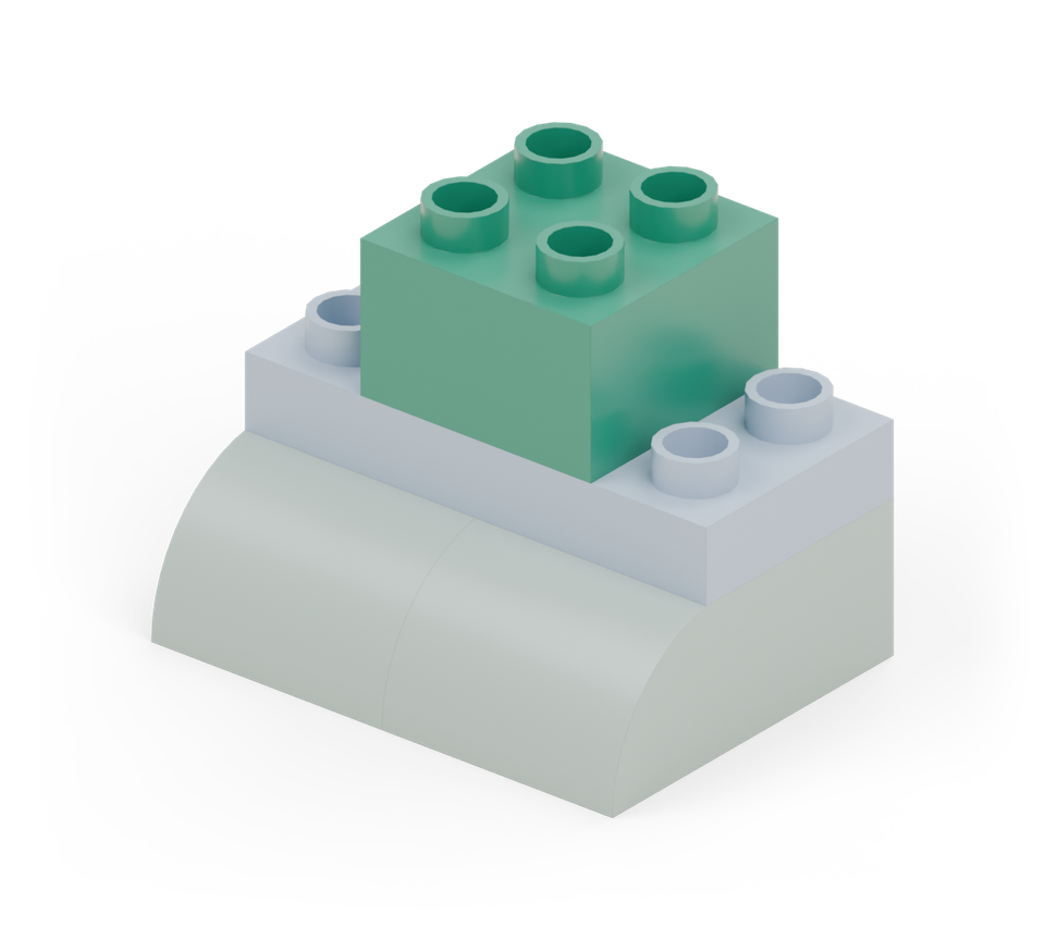 Step 3: Centre a green square brick on the blue plate. Leave one blue column showing on each side.